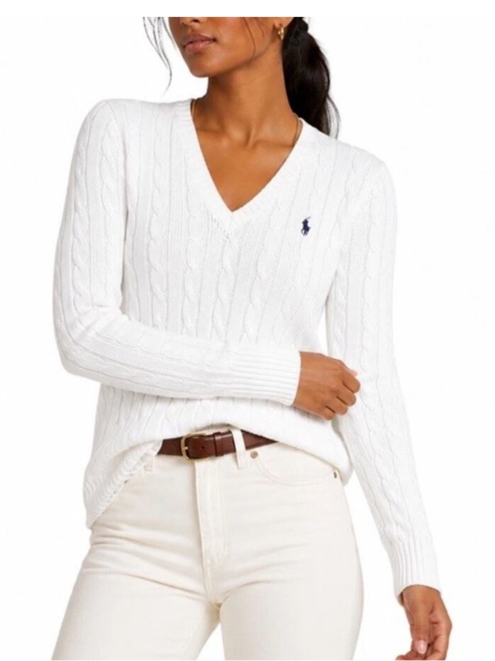 Polo Ralph Lauren Cable Knit V-Neck Sweater White 100% Pima Cotton Women's XL